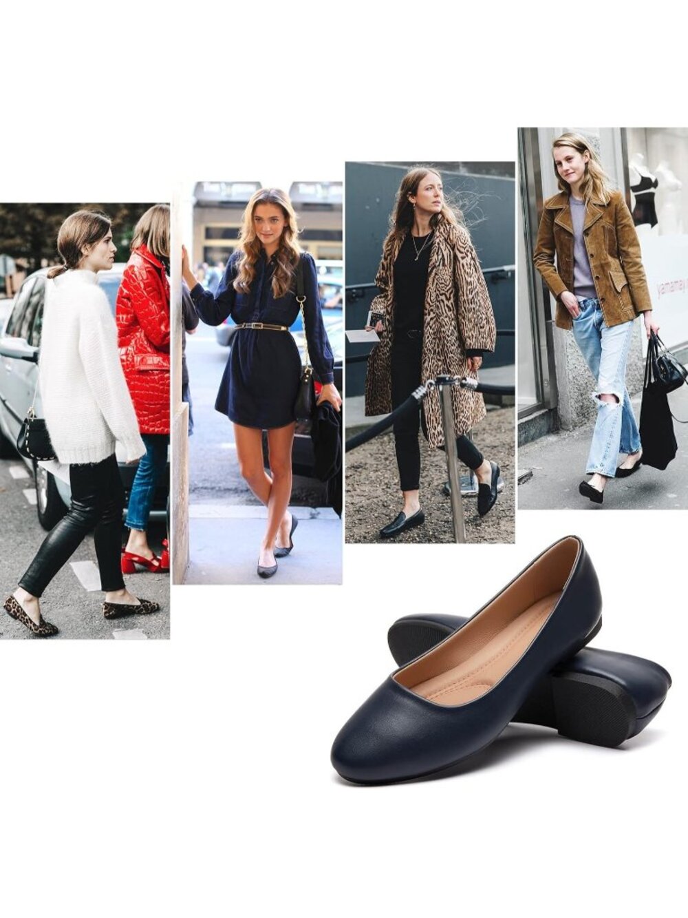 Women's Navy Blue Leather Ballet Flats Slip On Comfortable Classic Dress Shoes - Picture 2 of 6